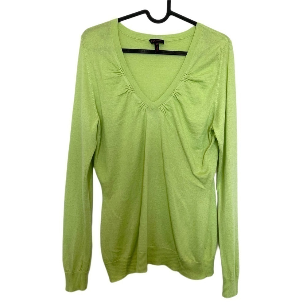 Escada Silk Cashmere Green Pullover V Neck Gathered Sweater Size 38